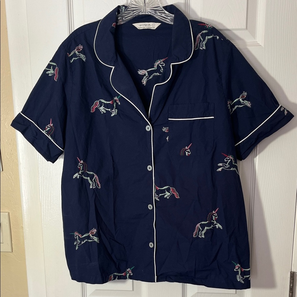 Printfresh navy blue 100% organic cotton embroidered unicorn button pajama top L